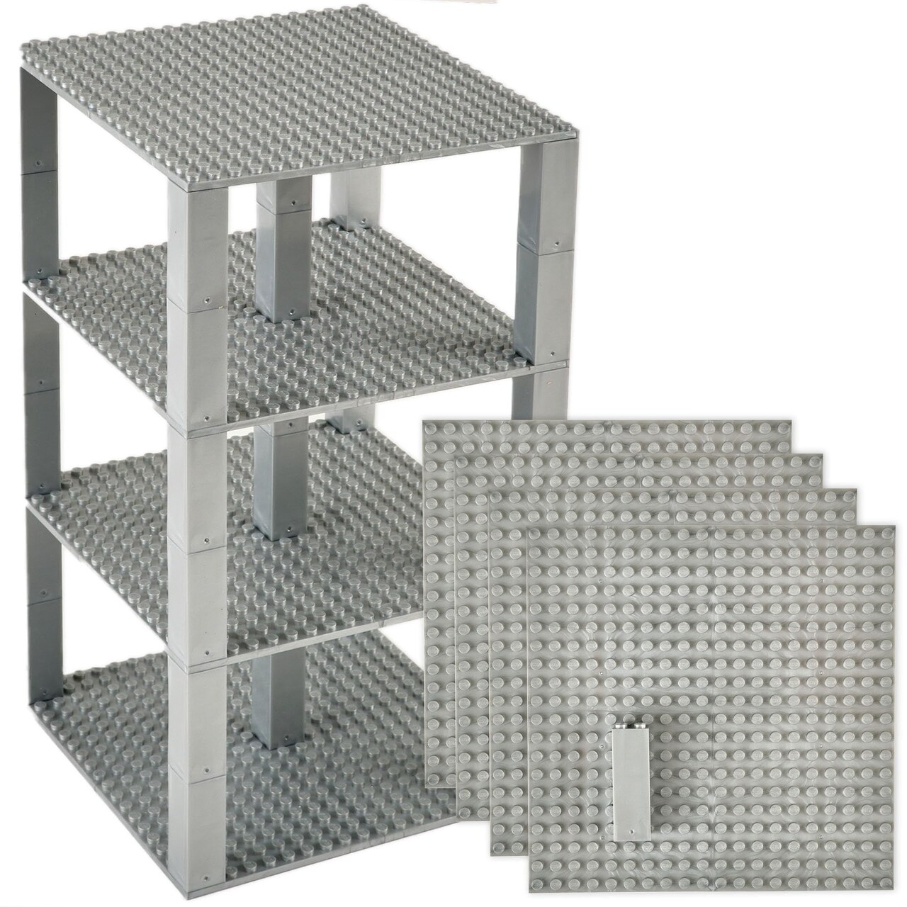 Strictly Briks Classic Stackable Baseplates, Building Bricks For Towers, Shelves, and More, 100% Compatible with All Major Brands, Silver, 4 Base Plates & 30 Stackers, 6x6 Inches
